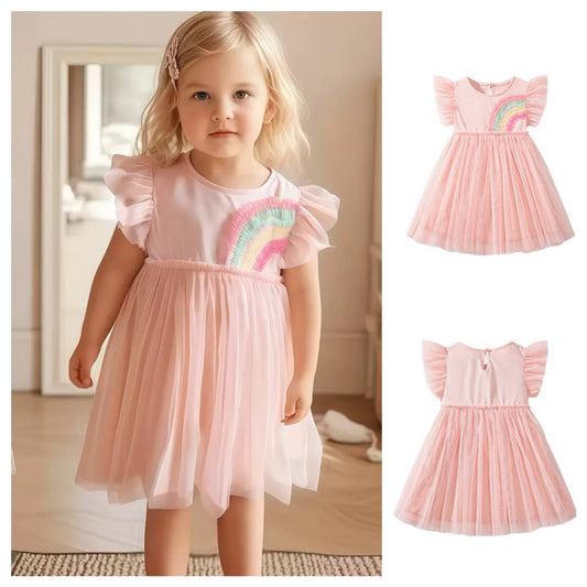 Girl's Colorful Mesh Rainbow Pattern Cap Sleeve Dress