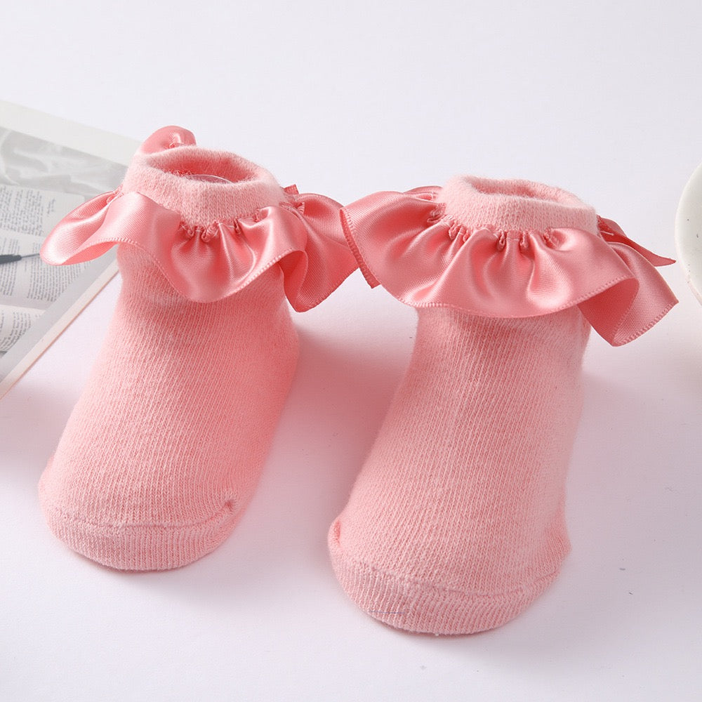 kids baby cotton Socks with satin Scallop Trim Socks 3 color