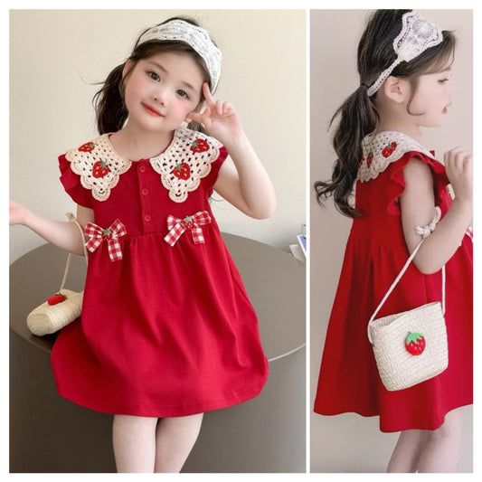 Oversized collar dress with embroidered strawberry and 2 bows red color