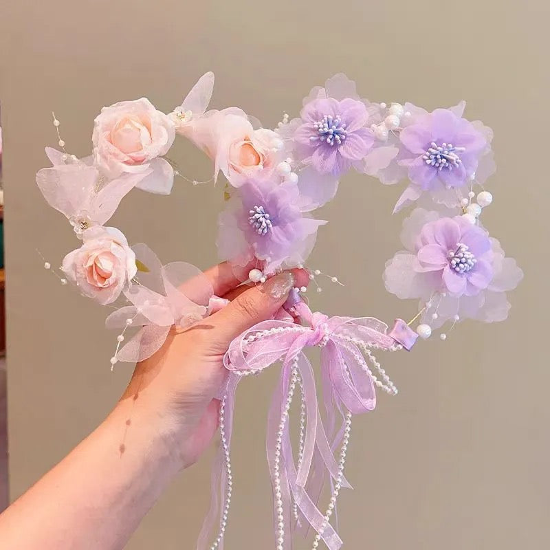 Kids headpiece with flowers, pearls and ribbon