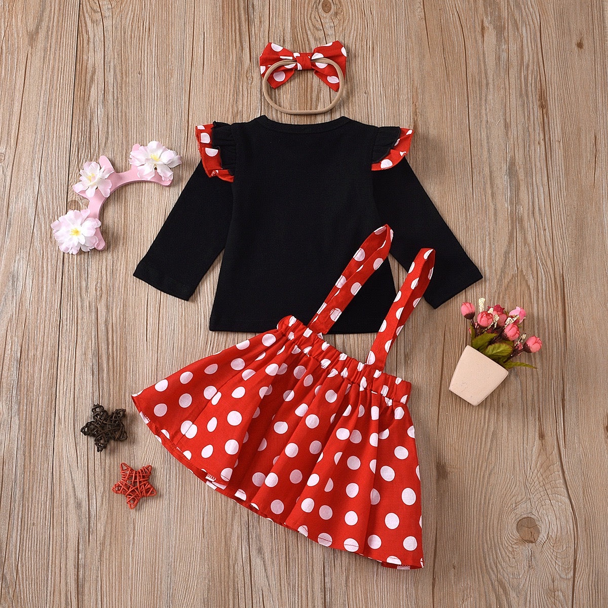 Minnie mouse 3 piece set long sleeve Top + skirt + headband