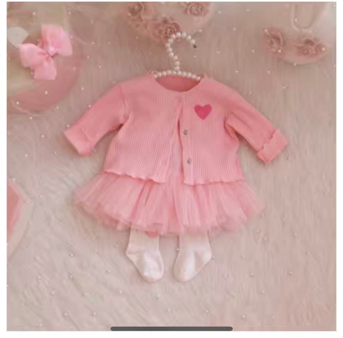 2 piece set 100% cotton knitted long sleeve  baby embroidered heart cardigan+tulle dress 3 colors