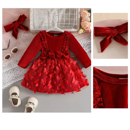 2pcs velvet long sleeve 3D butterfly dress + headband