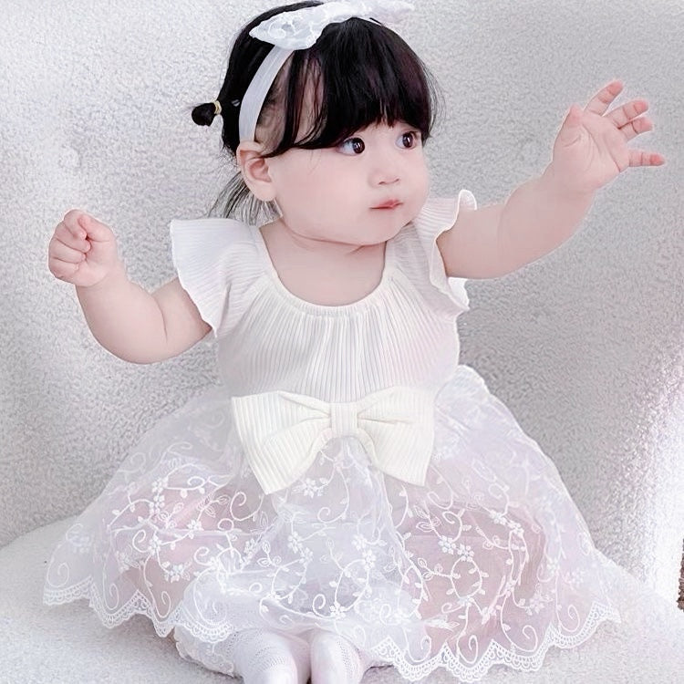 Baby Girl Lace Romper Dress with bow 100% cotton+ headband