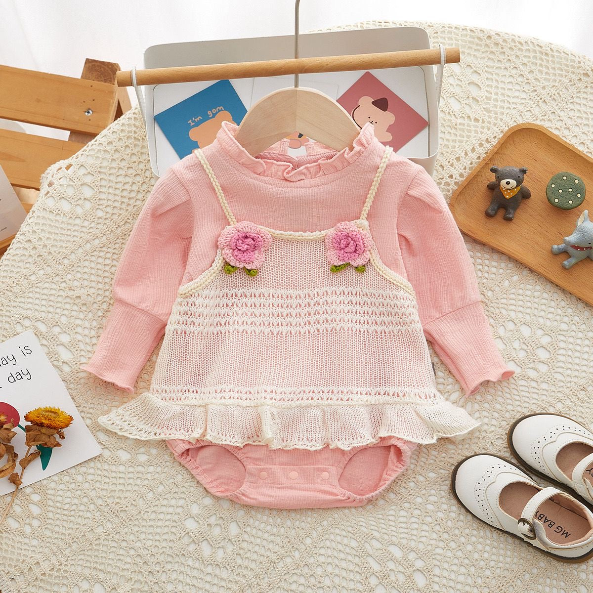 2pcs set long sleeve cotton romper + knitted dress with 2 flowers
