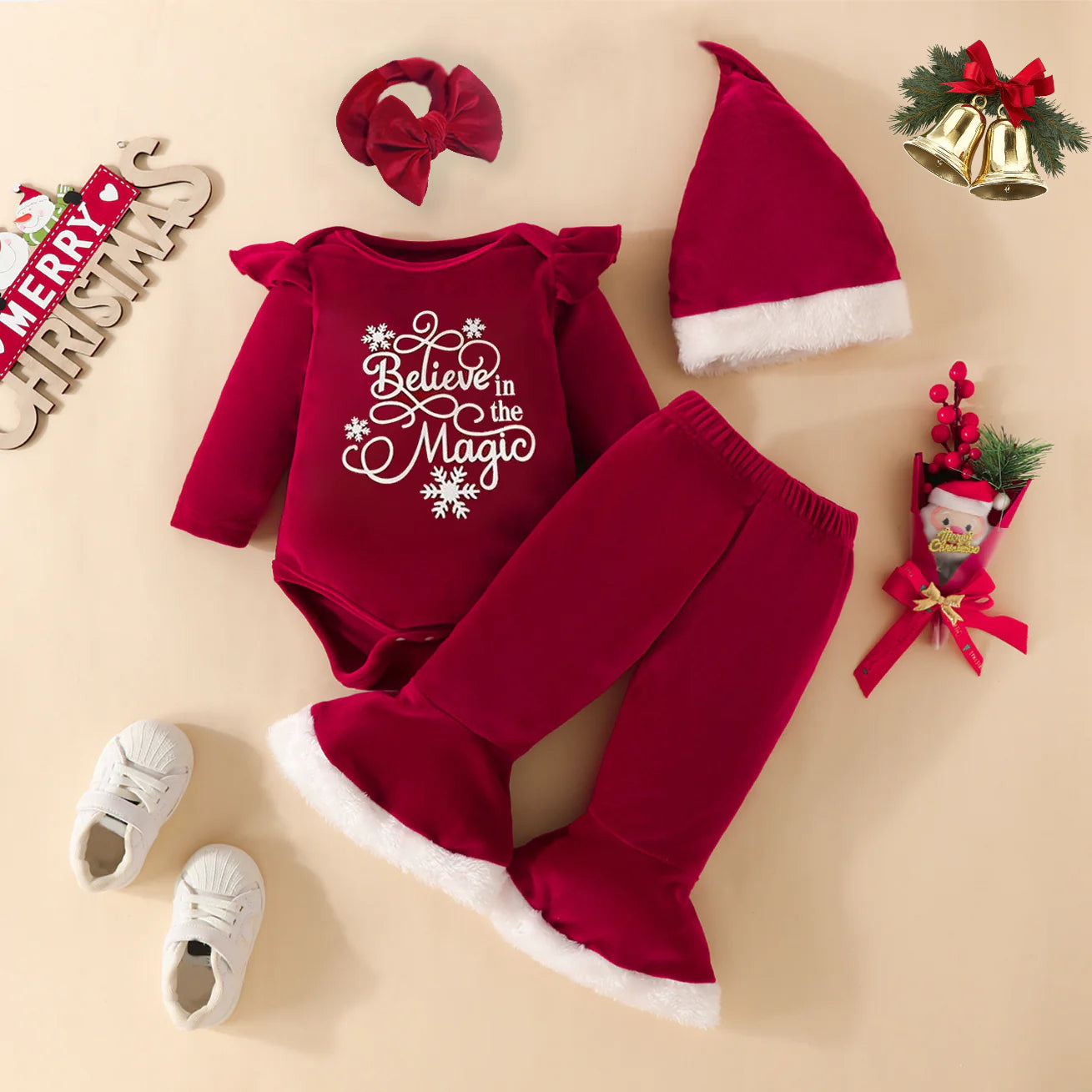 4 pcs set Baby Christmas happy new year Letter Print Plush Long Sleeve romper + pants+headband+hat