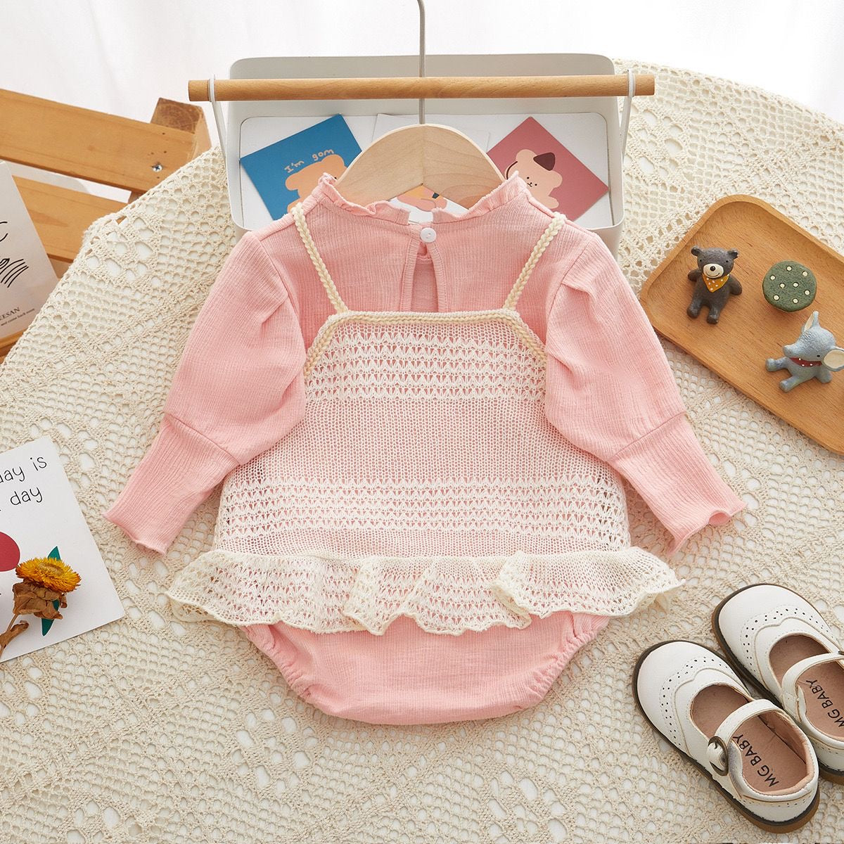 2pcs set long sleeve cotton romper + knitted dress with 2 flowers