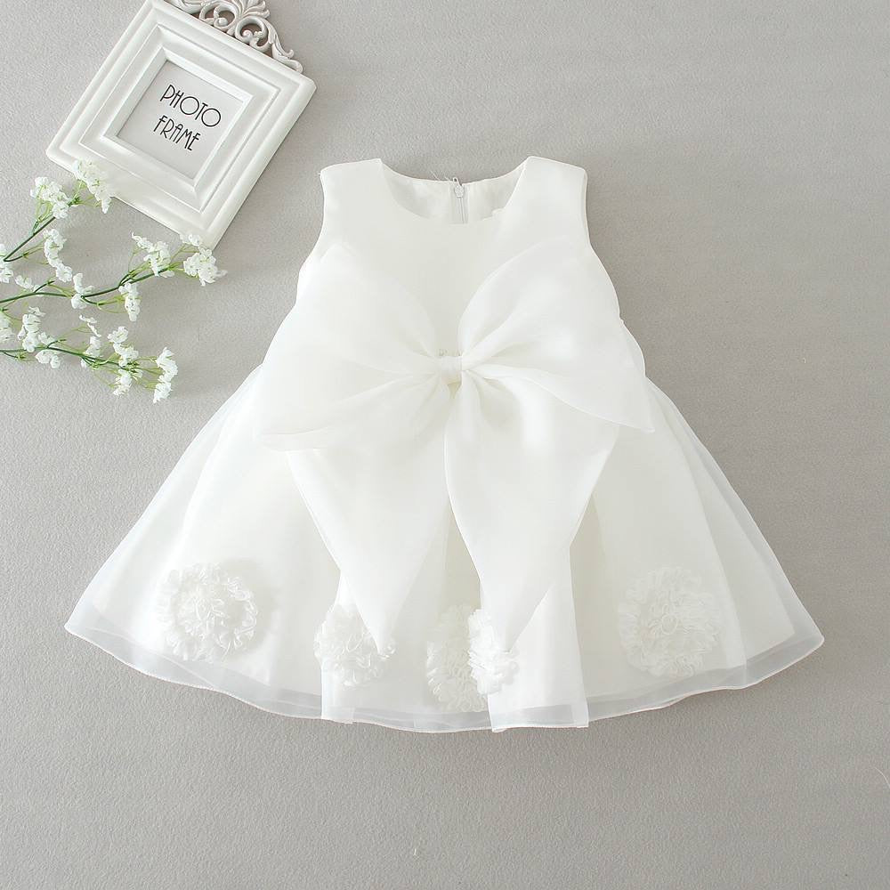 Elegant Baby dress with flowers and big bow knot White