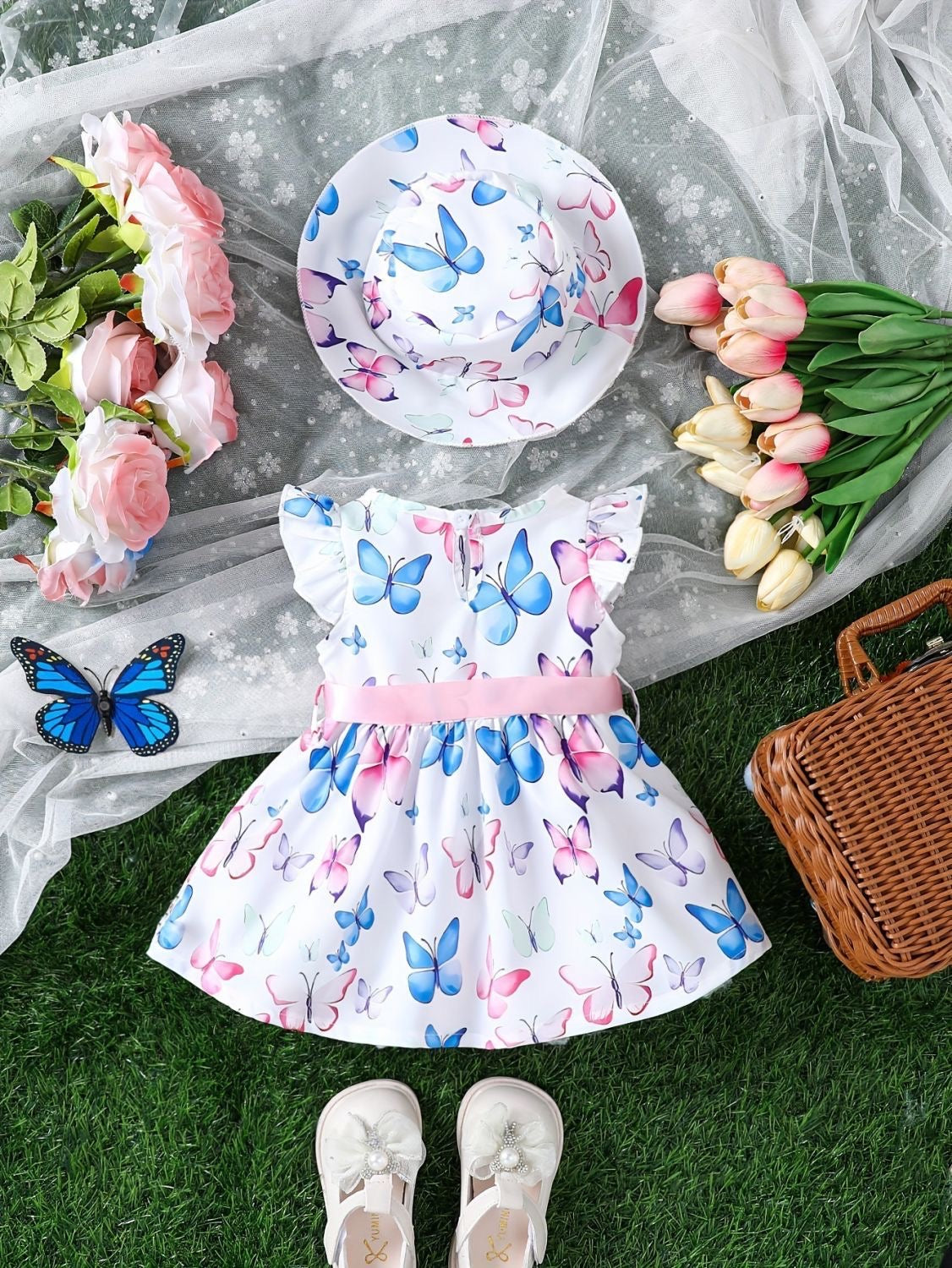 Set Cute dress with printed butterfly + hat