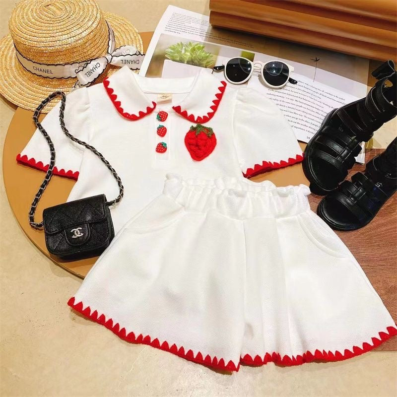 2 piece Girls Short Sleeves Lapel Strawberry T-shirt +middle Waist Pleated Skirt