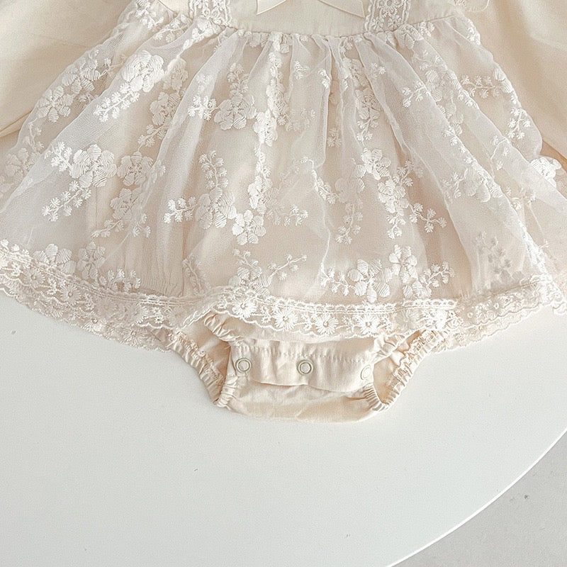 Baby beige lace romper dress long sleeve + vintage lace headband