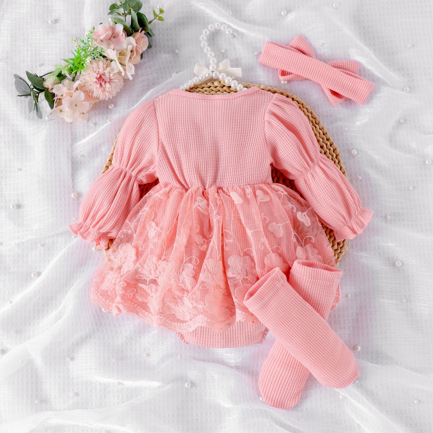 Set of 3 pcs Baby Long Sleeve romper dress + socks + headband