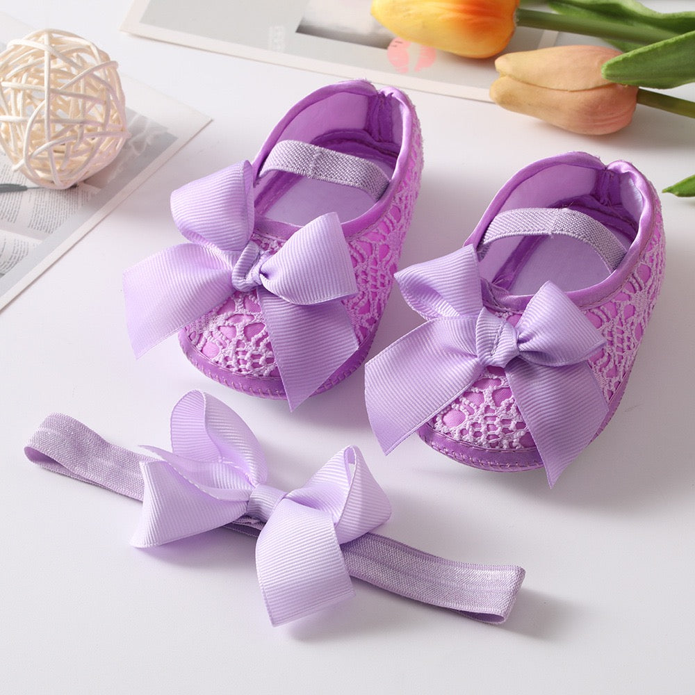 Baby pre-walker shoes with bow knot + headband set purple