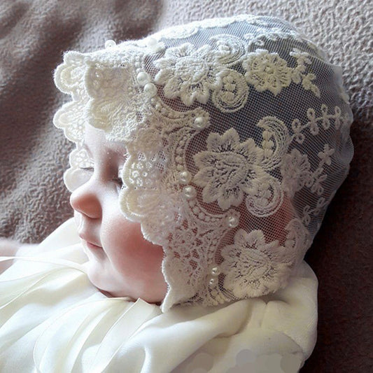 Baby vintage white lace hat with pearls