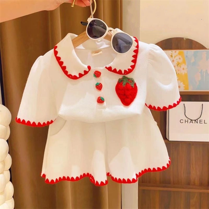 2 piece Girls Short Sleeves Lapel Strawberry T-shirt +middle Waist Pleated Skirt