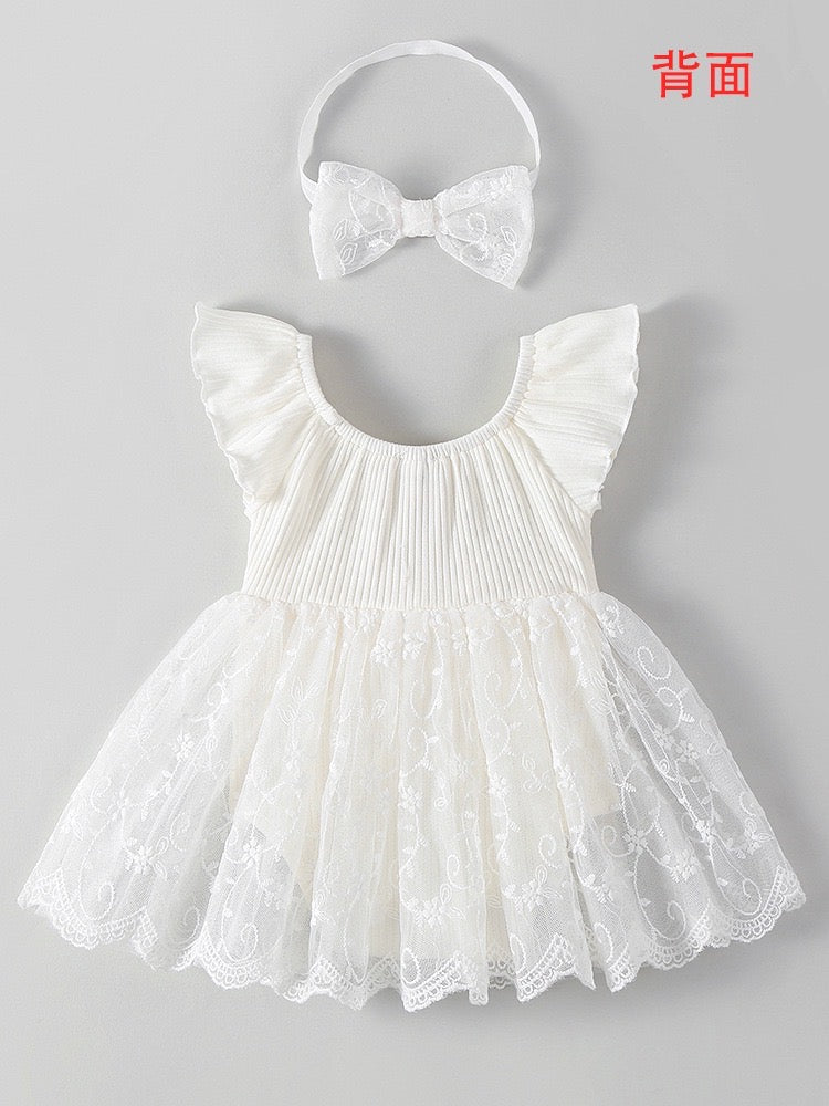 Baby Girl Lace Romper Dress with bow 100% cotton+ headband