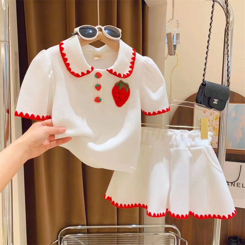 2 piece Girls Short Sleeves Lapel Strawberry T-shirt +middle Waist Pleated Skirt