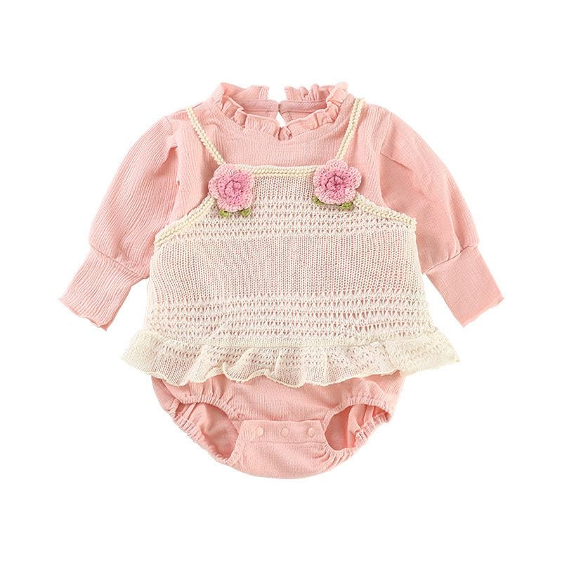 2pcs set long sleeve cotton romper + knitted dress with 2 flowers