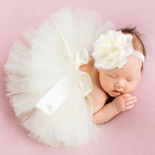 set of 2pcs 0-1 month Baby Girl tutu dress  + flower headband beige color