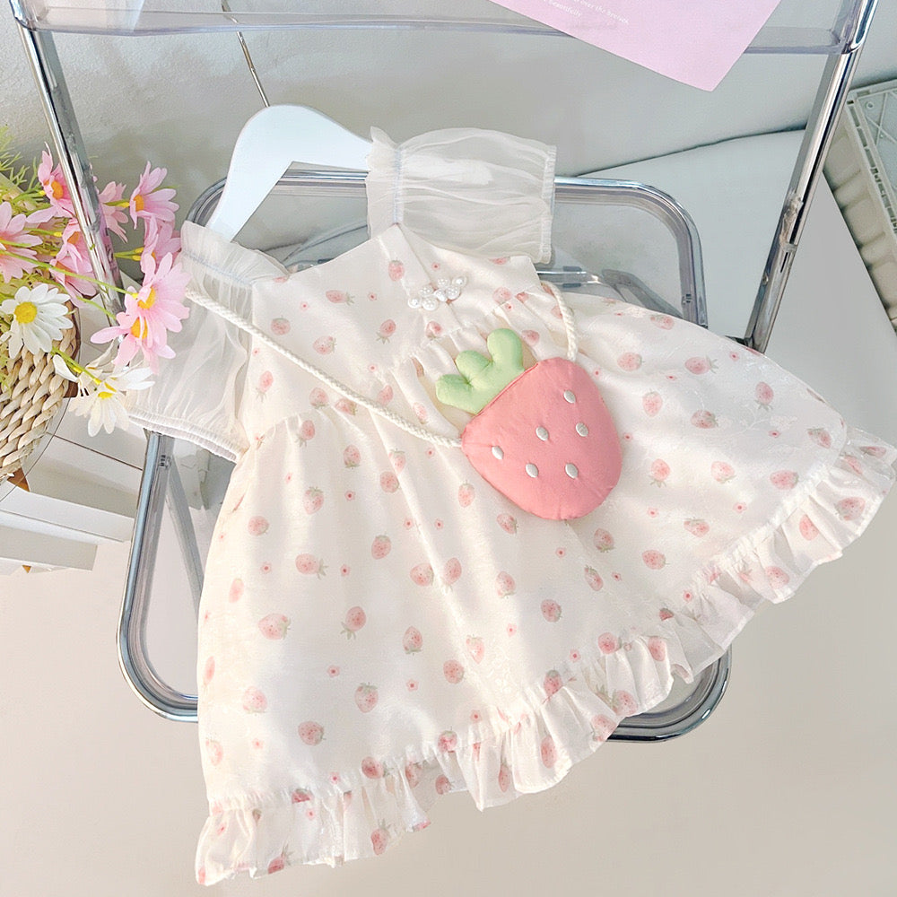 Girls cotton dress with tulle sleeves + strawberry bag