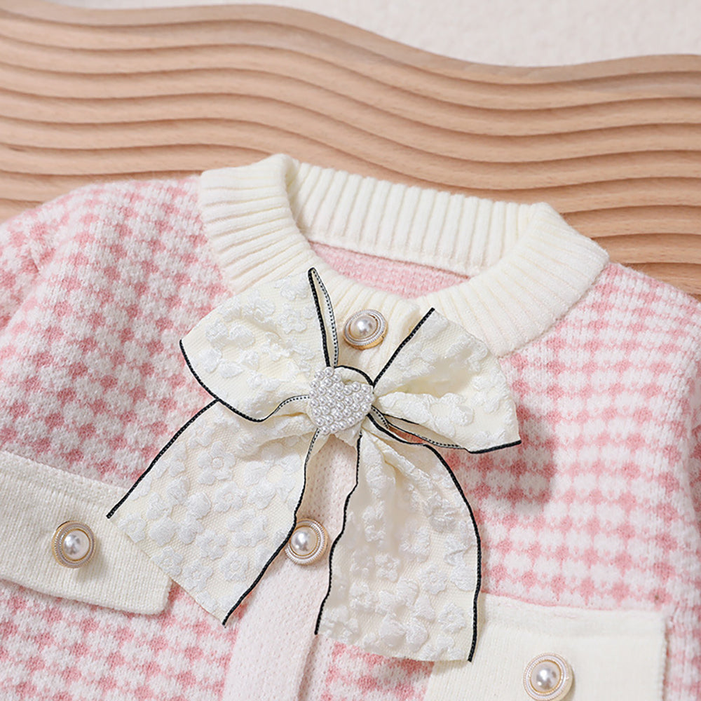 2 piece Girls long sleeve knitted jacket + skirt and removable bow knot