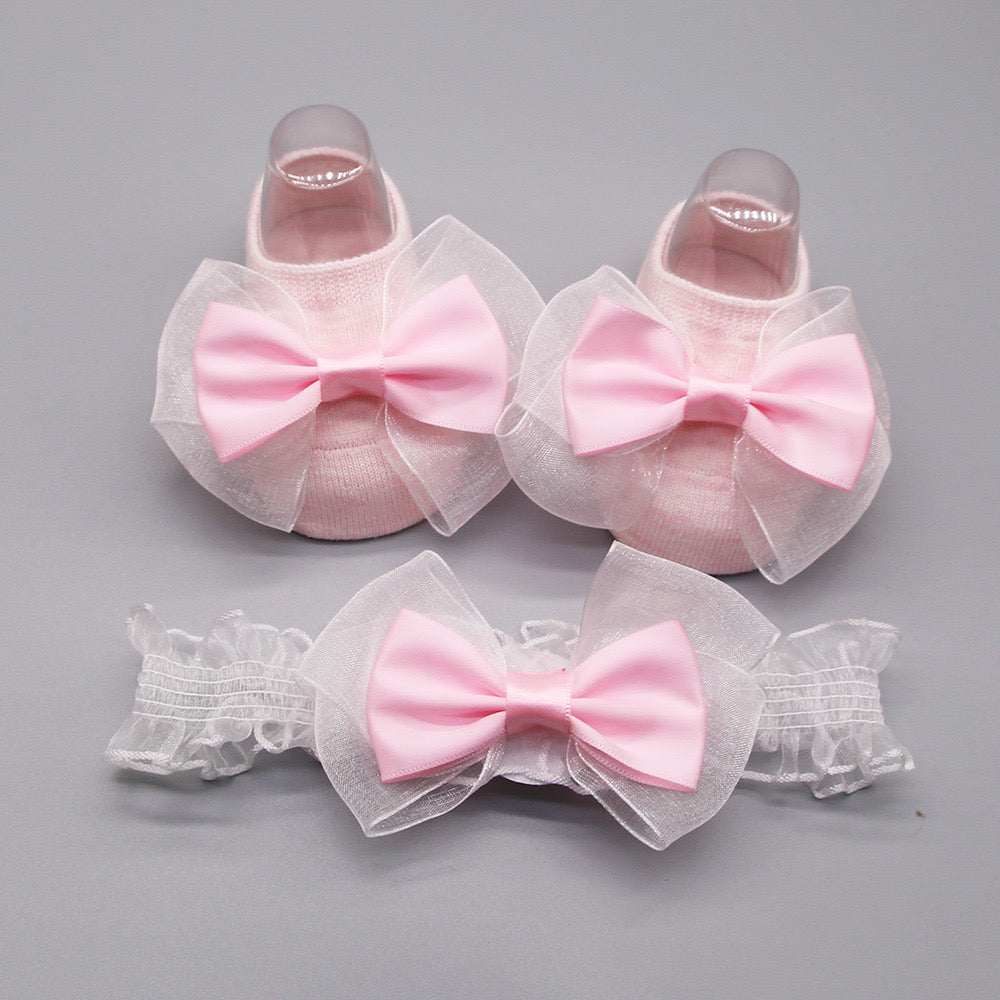 2 piece set Baby socks with bow knot and headband 3 color