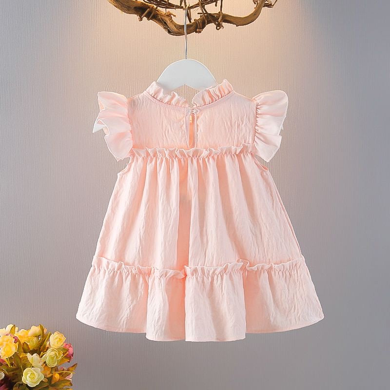 Girls cotton dress with flying sleeves and tulip flowers + straw bag