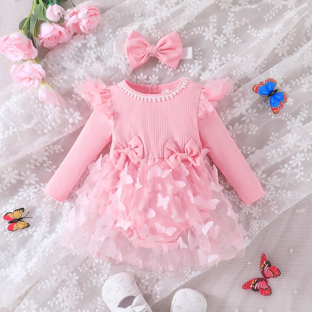 3D butterfly Baby long sleeve dress with headband