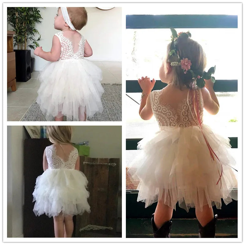 Kids sleeveless princess dress tutu skirt hollow lace sleeve