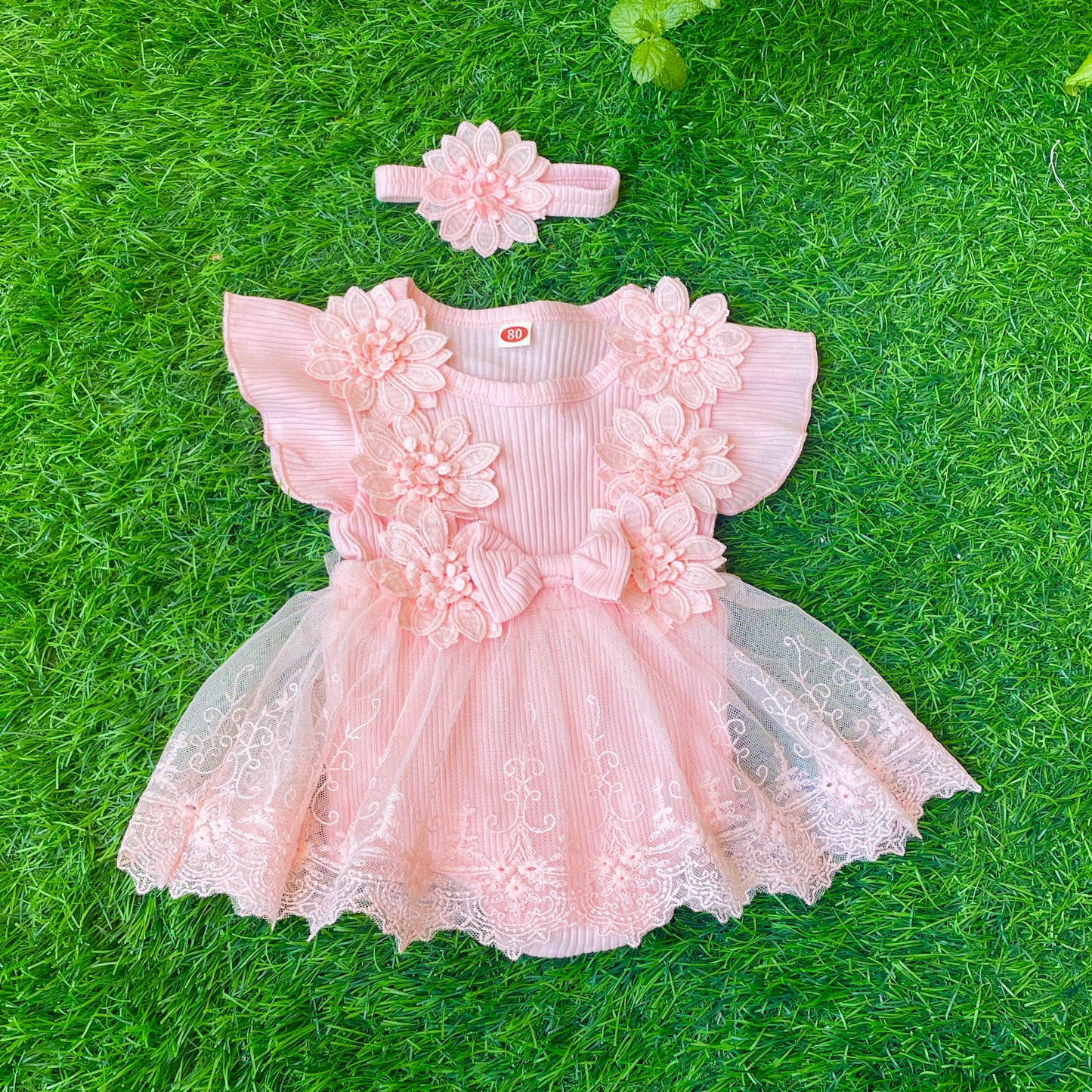 Baby Girl Lace Romper Dress flower and bow Boho + headband 4 color