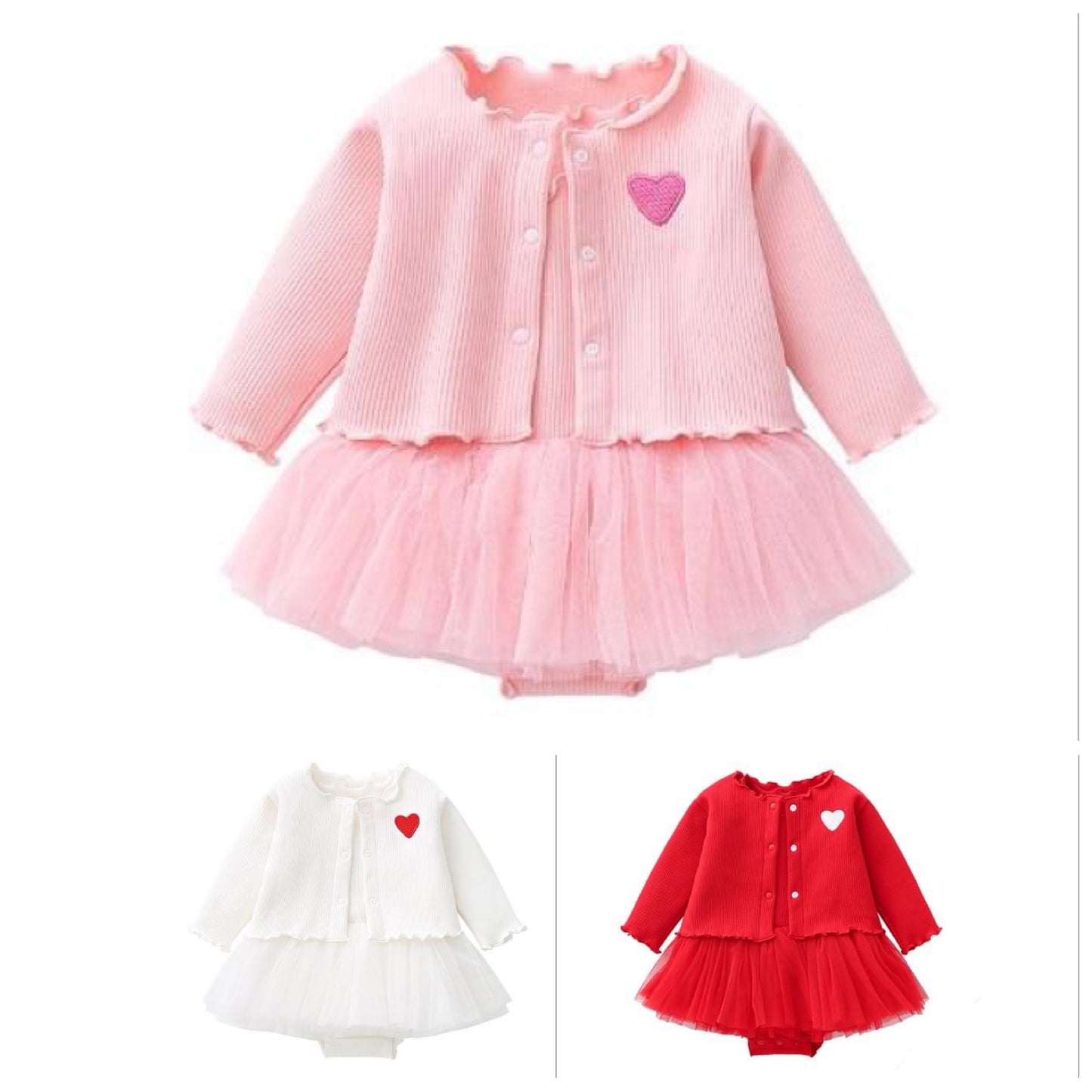 2 piece set 100% cotton knitted long sleeve  baby embroidered heart cardigan+tulle dress 3 colors