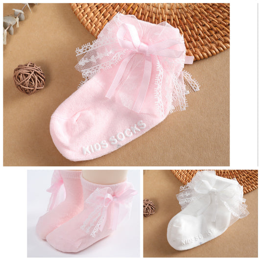 kids baby cotton Socks with lace and ribbon bow knot 2 color