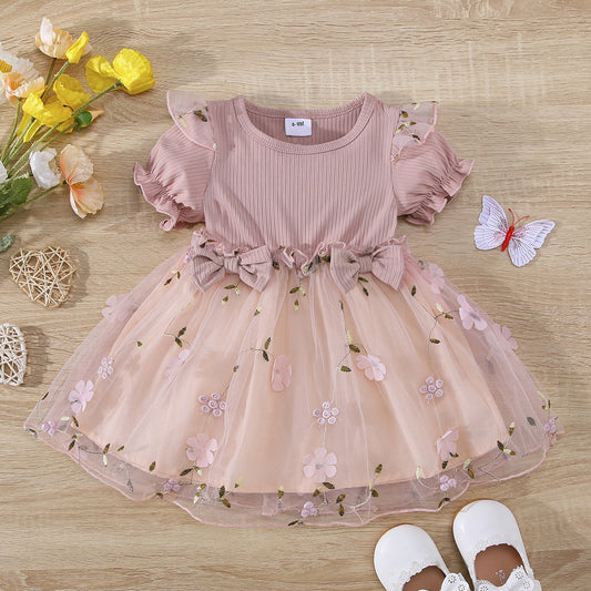 Short sleeve girl dress with bow knot and embroiderd flowers