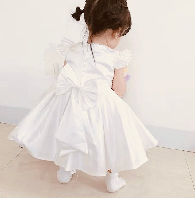 Elegant satin dress ruffle trim big bow knot