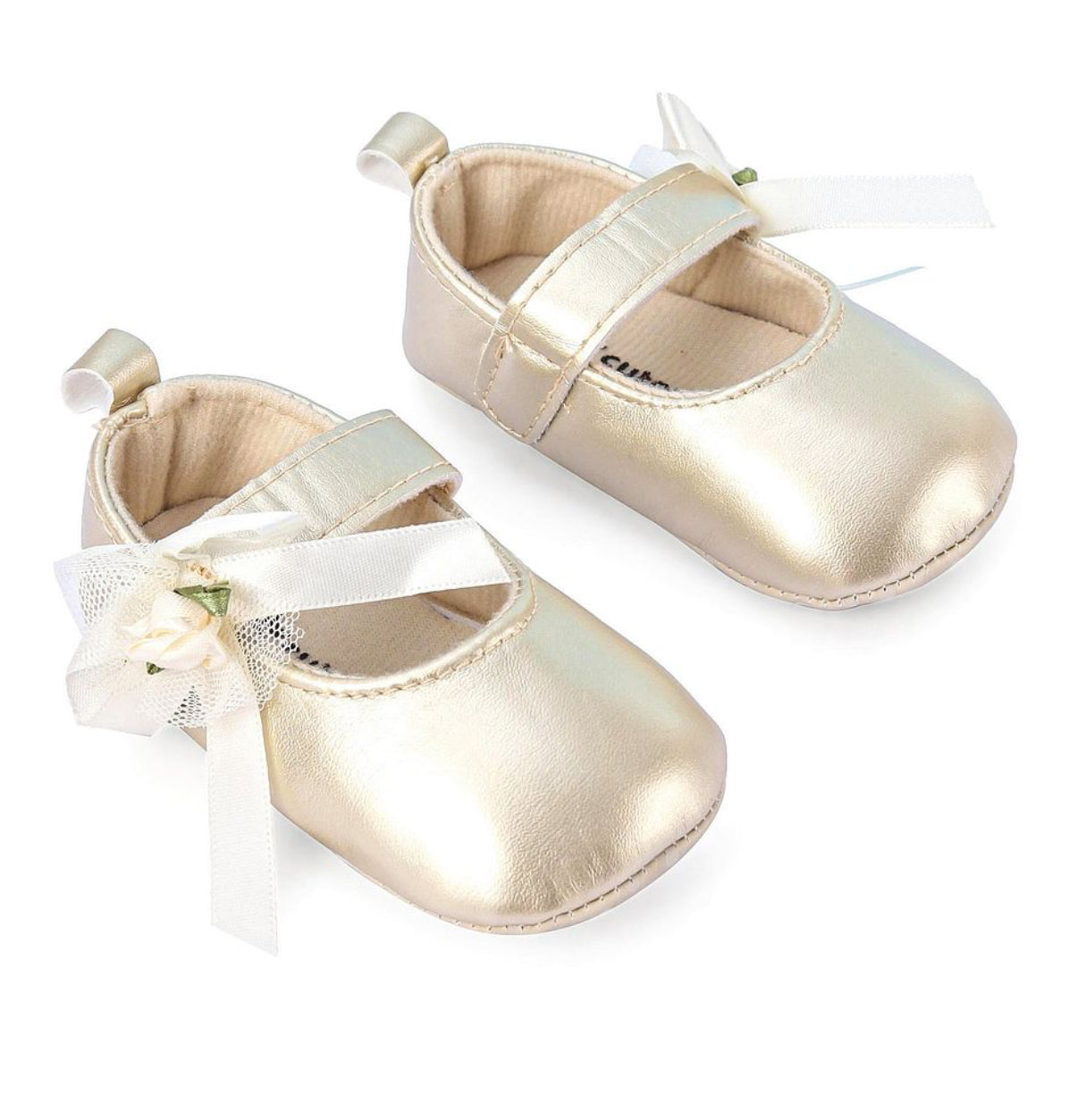 Baby leather shoes with flowers golden color soft sole