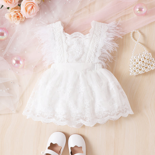 Baby athena feather romper dress with lace