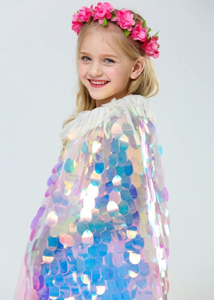 2 piece set Girls mermaid Cape Cloak Shiny Glitter Party Prop Kids Fancy cape + headband