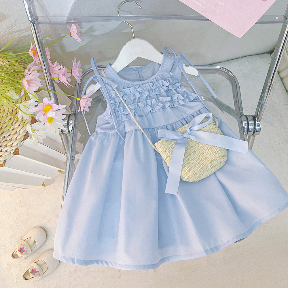 Sweet girl cotton dress with straw bag blue color