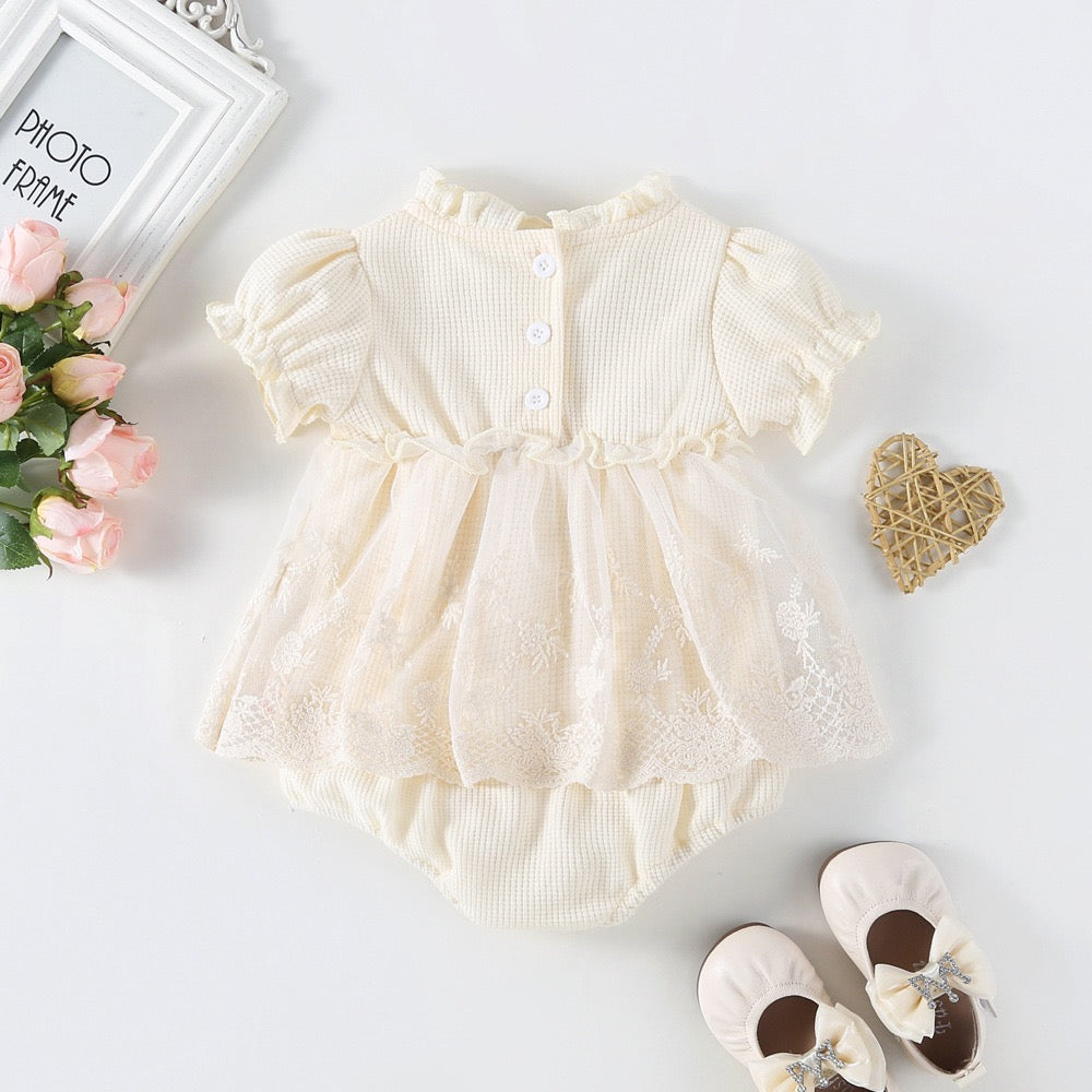 Short sleeve waffle romper dress ruffle collar beige