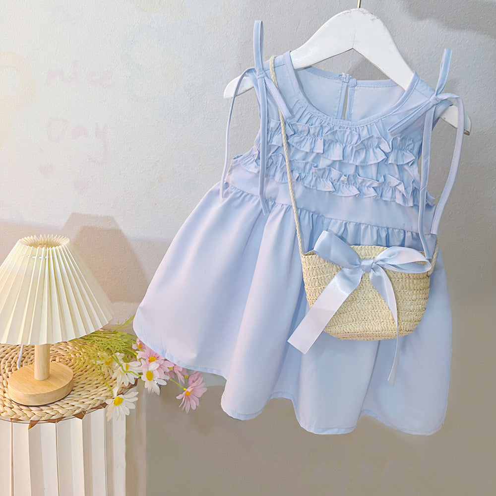 Sweet girl cotton dress with straw bag blue color