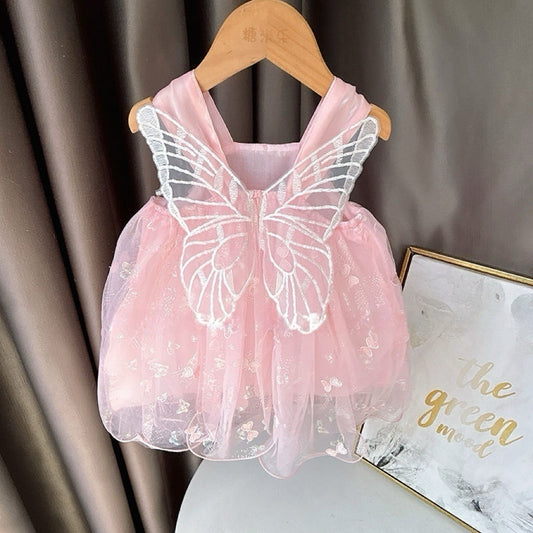 Tutu dress with big butterfly at back and embroidered bows pink color