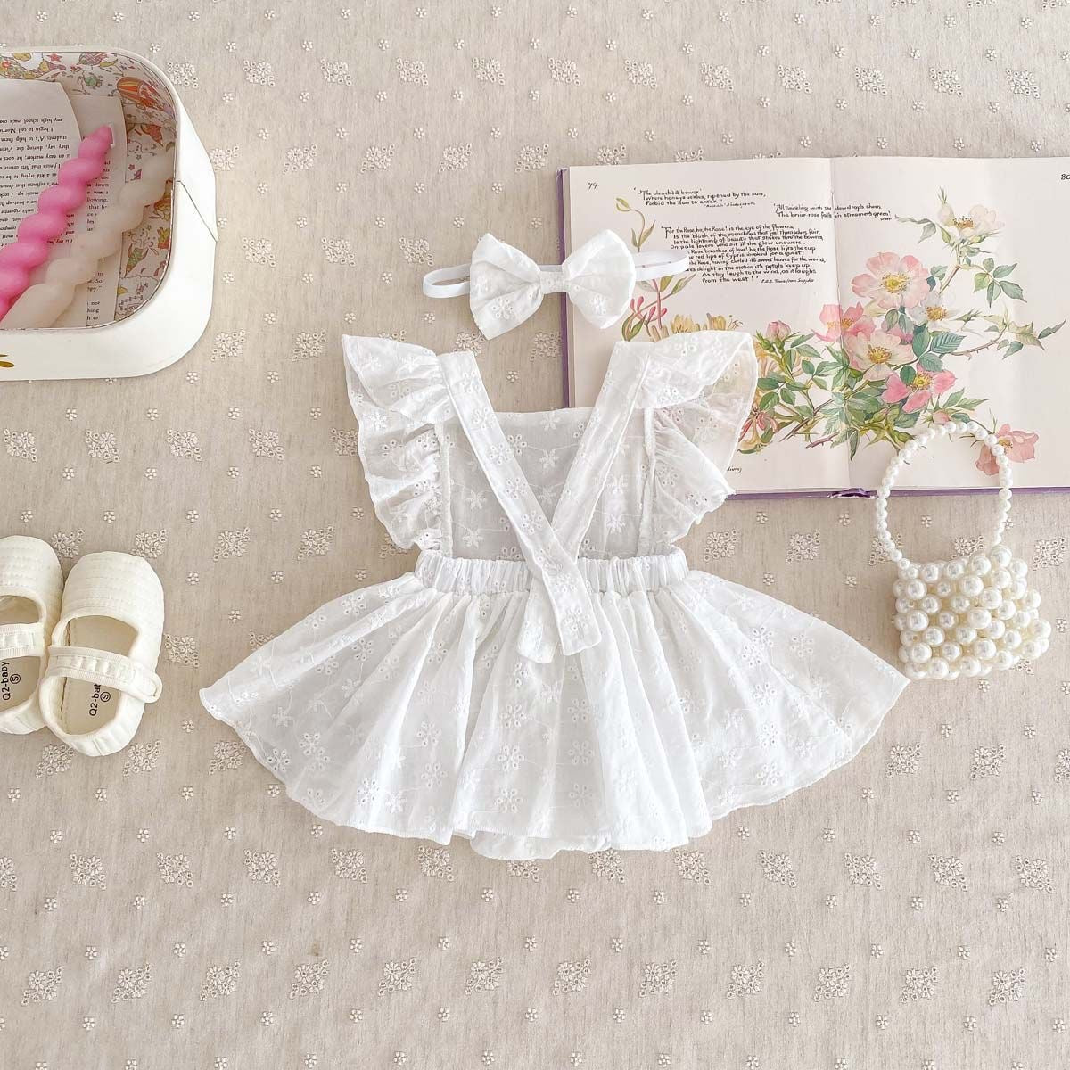 Simple 100% cotton backless romper dress + headband with bow white