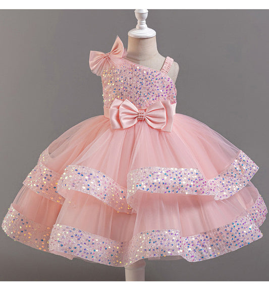 Pink princess dress with 2 bows at waist and on shoulder, with sequins