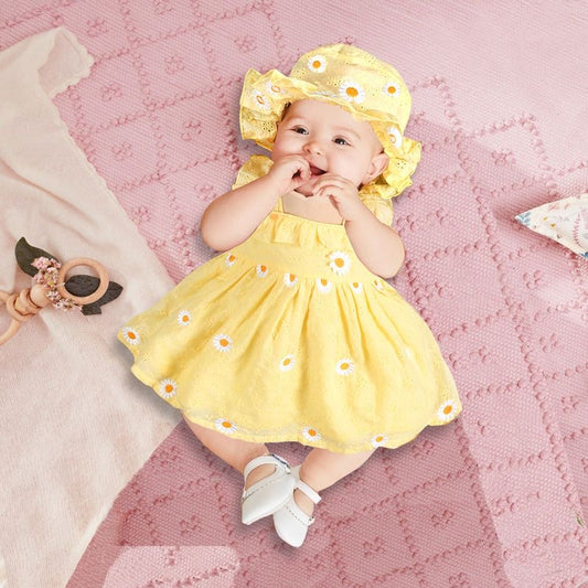 2 pcs set baby dress embroidered daisy  + hat