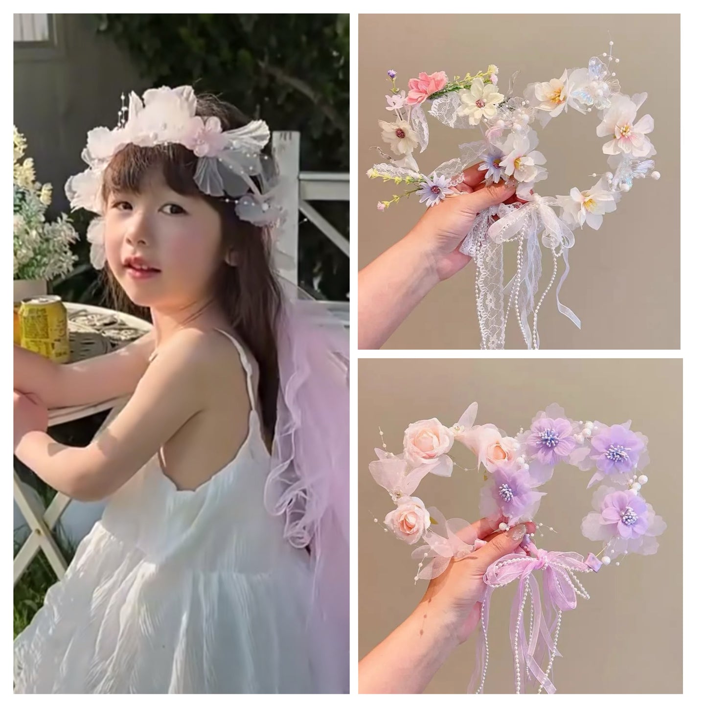 Kids headpiece with flowers, pearls and ribbon