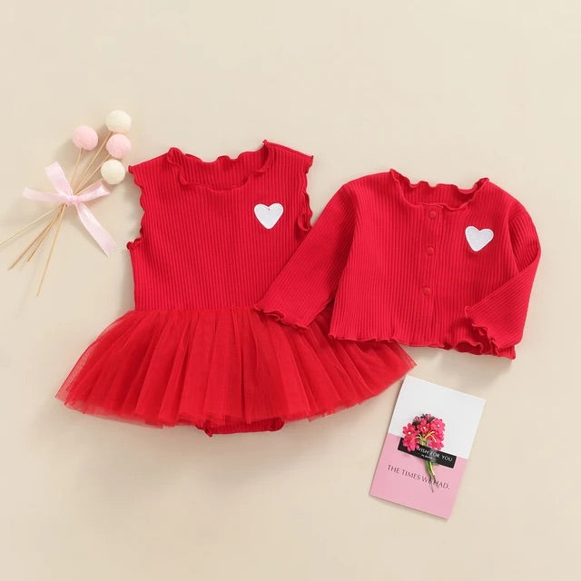 2 piece set 100% cotton knitted long sleeve  baby embroidered heart cardigan+tulle dress 3 colors