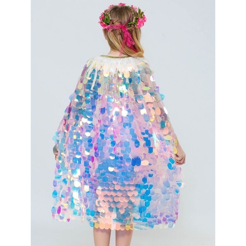 2 piece set Girls mermaid Cape Cloak Shiny Glitter Party Prop Kids Fancy cape + headband