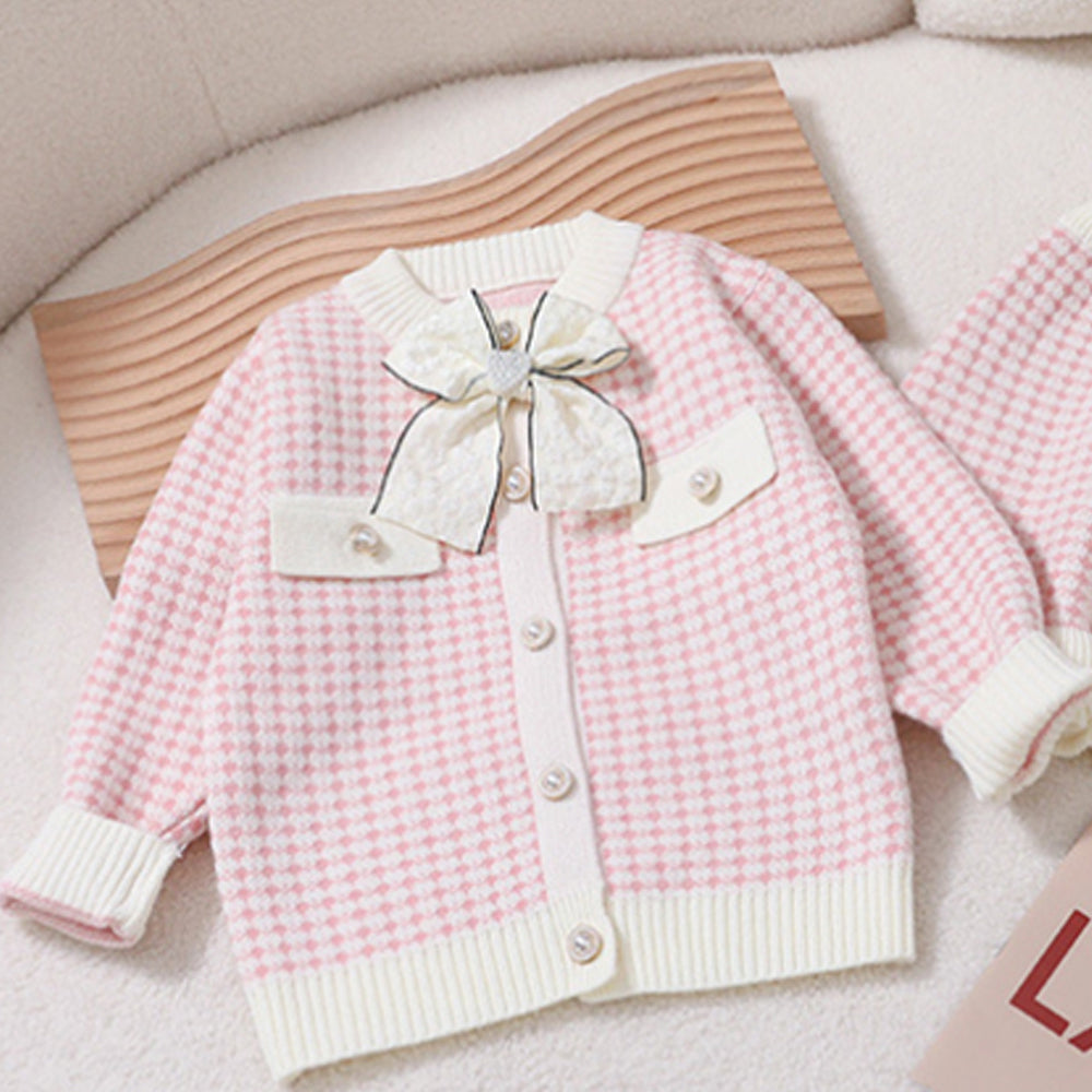 2 piece Girls long sleeve knitted jacket + skirt and removable bow knot