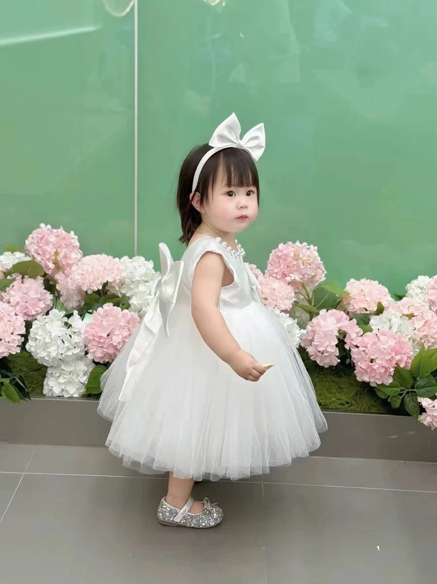 Puffy tulle dress pearls design charming ball gown for girls with removable big bow at back white