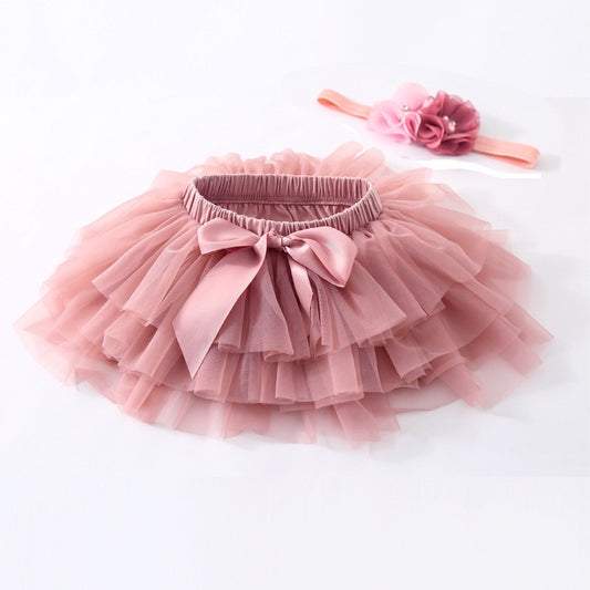 2 piece set Tutu romper skirt with bow knot + flower headband Dusty rose